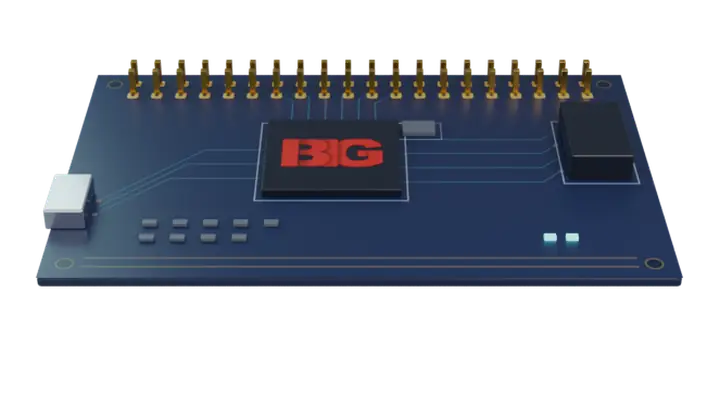 Development board with headers, microcontroller and USB-C — drag to rotate